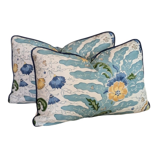 Brunschwig & Fils Riviere Aqua Lunbar Pillows With Blue Cord- Double Sided Pair For Sale