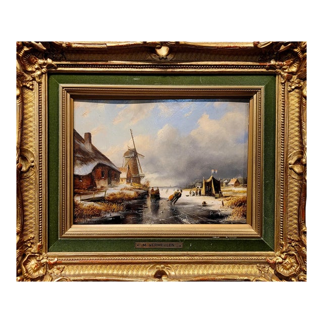 Marinus Cornelis Vermeulen -19th Century Romantic Dutch Winter Landscape-Oil Painting For Sale