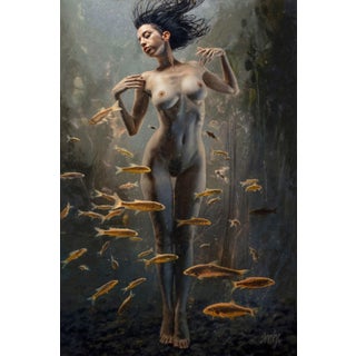 Venus by Dave Seeley | Oil on Canvas on Panel nude woman surrounded by fish underwater For Sale