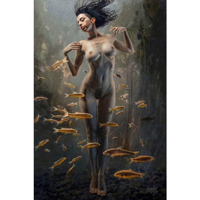 Venus by Dave Seeley | Oil on Canvas on Panel nude woman surrounded by fish underwater For Sale