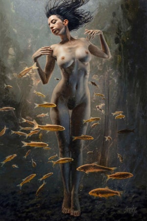 Venus by Dave Seeley | Oil on Canvas on Panel nude woman surrounded by fish underwater