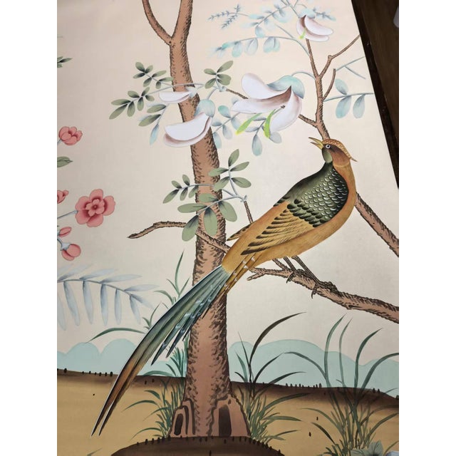 Hand-Painted Chinoiserie Garden Mural | Birds, Bamboo & Peonies | Set of 3 Panels For Sale - Image 4 of 5