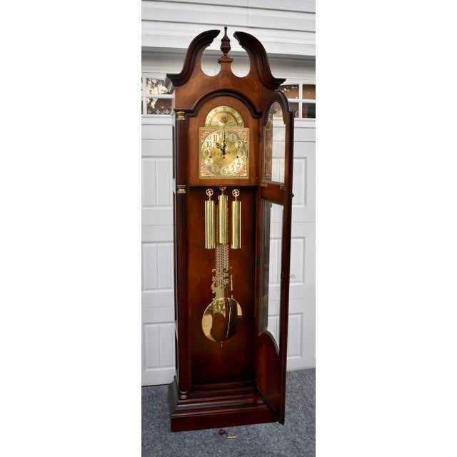 Howard Miller Mahogany Grandfather Clock Triple Chime Mechanical Floor Clock 80s For Sale - Image 12 of 16