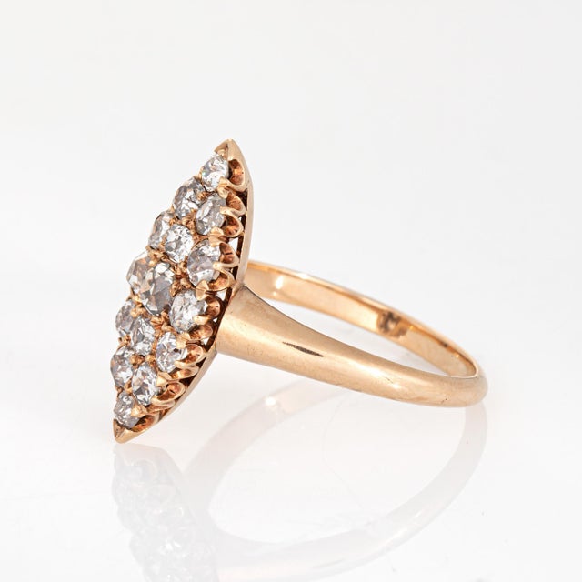 Antique Victorian Navette Ring 1ct Diamonds 14k Yellow Gold Sz 8.5 Fine Jewelry For Sale - Image 4 of 7