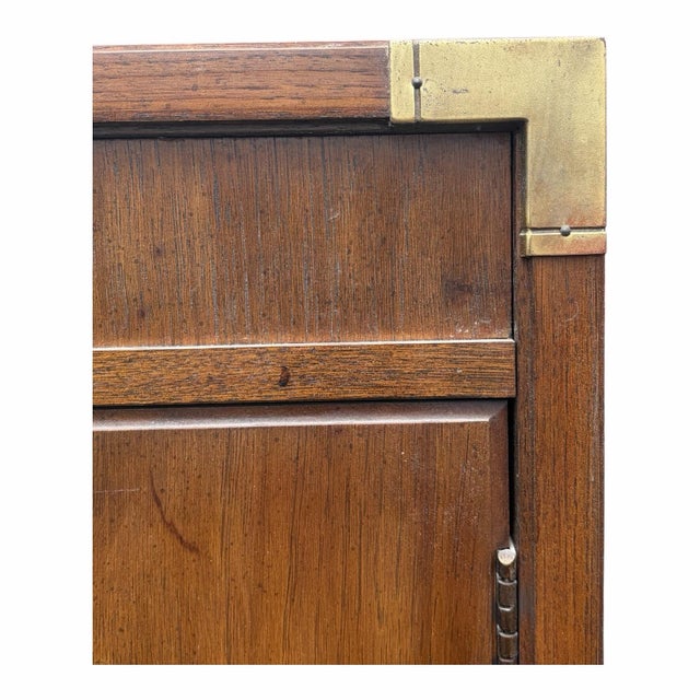 Chestnut Pair Vintage Thomasville Campaign Style Tall Cabinets For Sale - Image 8 of 12