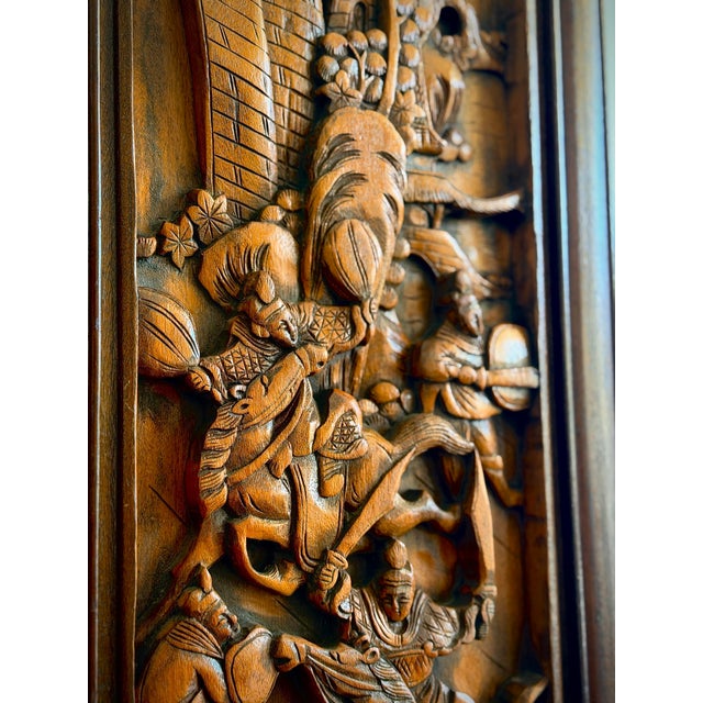 Wood Striking Vintage Chinese Teak Relief Carving Wall Panel Chinoiserie Hollywood Regency Asian Wall Sculpture For Sale - Image 7 of 12