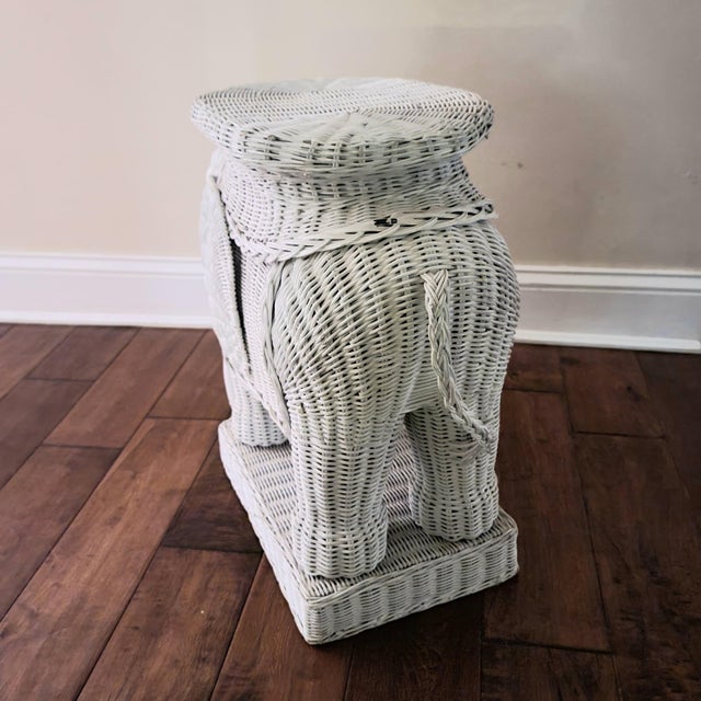 Vintage Palm Beach Chic White Wicker Elephant Side Table For Sale - Image 4 of 6