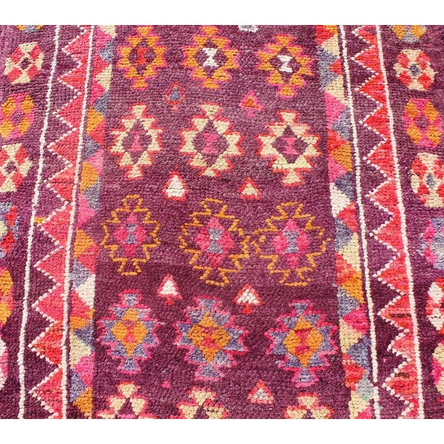 Colorful Vintage Turkish Long Oushak Runner With Geometric Design in Purple & Plum Background For Sale In Atlanta - Image 6 of 9