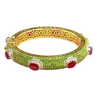 Bochic “Capri” Vintage Emerald, Ruby & Diamond Bangle Set In 18K Gold & Silver For Sale