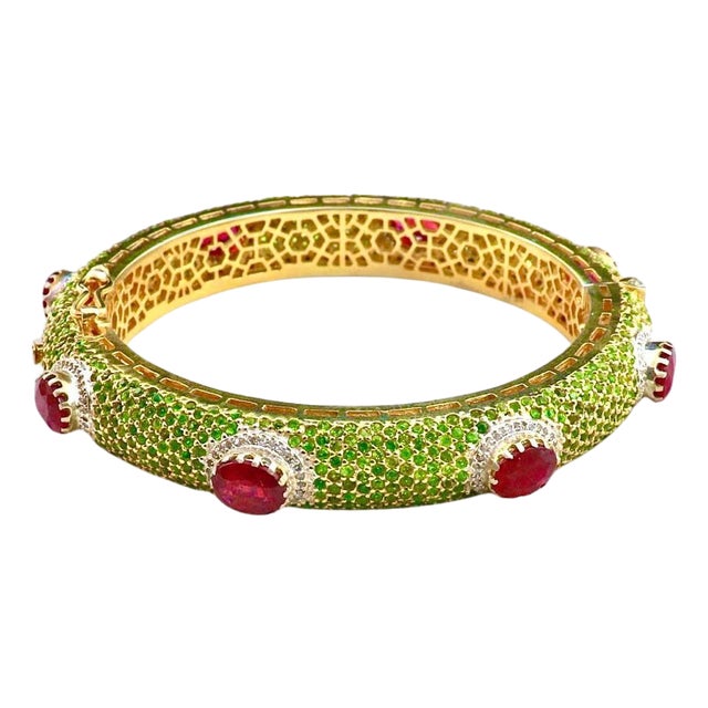 Bochic “Capri” Vintage Emerald, Ruby & Diamond Bangle Set In 18K Gold & Silver For Sale