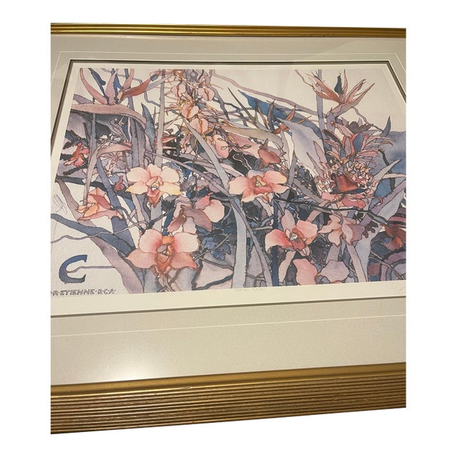 Etienne Velvety Blue Peach Watercolor Lithograph “Tropical Fusion” #23/350 Signed Framed For Sale