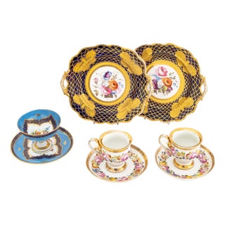 French Gilt & Hand-Painted Porcelain Tableware, 8 For Sale