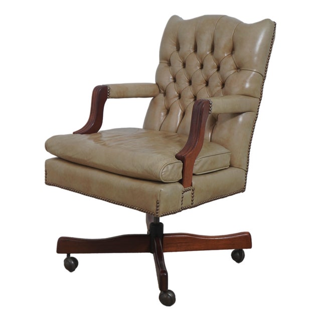 Classic Leather Tufted Rolling Desk Chair For Sale