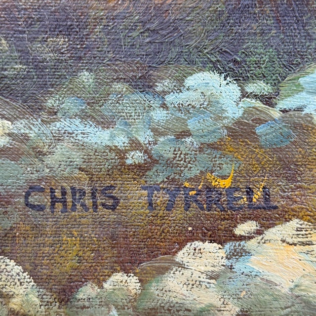 Vintage landscape oil painting by Chris Tyrrell, depicting a peaceful countryside scene with rolling hills, water, and a...