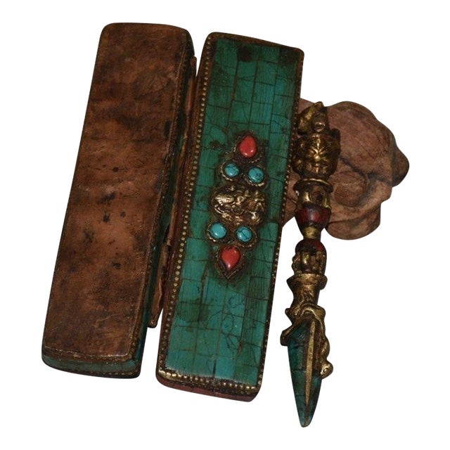 Vintage Nepalese Copper Ritual Dagger (Phurba) With Inlaid Stones in Fitted Wooden Box For Sale