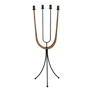 Vintage Arthur Umanoff Wrought Iron & Rattan Floor Candelabra For Sale
