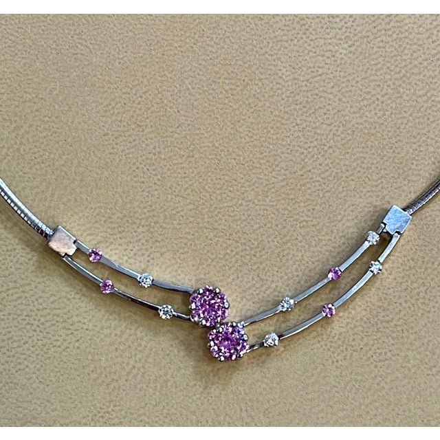14 Karat White Gold Omega Necklace With Pink Sapphire & Diamonds, Italy, 16 " 16-17 Inches Omega Necklace Two Flowers made...