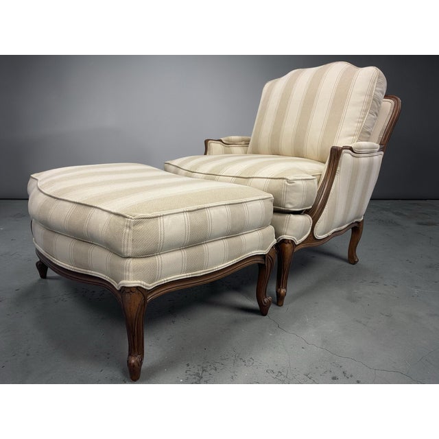 Off-white Ethan Allen Bergère Lounge Chair and Ottoman in Neutral Stripe, Featherblend Cushion For Sale - Image 8 of 11