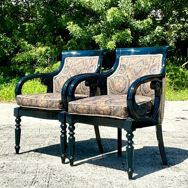 Late 20th Century Vintage Regency Navy Lacquered Paisley Lounge Chairs - a Pair For Sale - Image 5 of 6