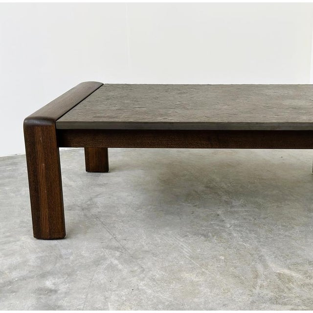 Vintage Belgian Modern Brutalist Oak and Fossil Slate Coffee Table, 1970s For Sale - Image 11 of 16