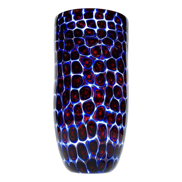 Murano Glass Vase with Floating Murrine Mosaic in Blue and Red, 1980s For Sale