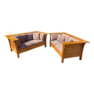 Pair of Stickley Furniture Wine/Blue Geometric Mission Prairie Oak Loveseats / Sofa's For Sale