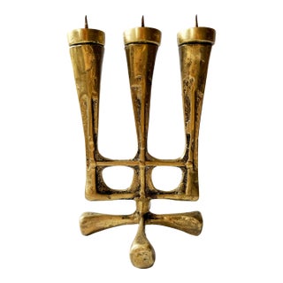 1950s Heavy Brass Brutalist Candelabra For Sale