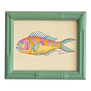 Original Hand-Painted Fish Painting in a Hand-Painted Frame For Sale