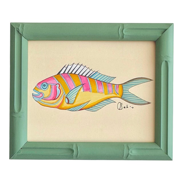 Original Hand-Painted Fish Painting in a Hand-Painted Frame For Sale