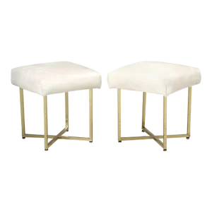 Pair of Vintage Brass Stools Attributed to Paul McCobb With Hair on Hide