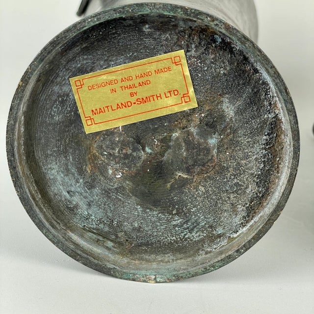 Green Pair of Vintage Maitland-Smith Handmade Metal Vases With Elephant-Head Handles For Sale - Image 8 of 11