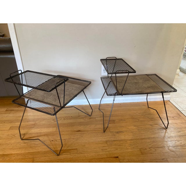 Black Mid 20th Century Vintage Wrought Iron Tiered End Tables Pair Metal Mesh - Salterini, Diamond, Galef Style Mid Century For Sale - Image 8 of 12