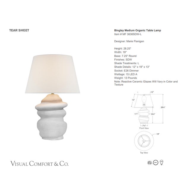 Marie Flanigan by Visual Comfort Signature Bingley Medium Organic Table Lamp in Sandy White with Linen Shade Designer:...