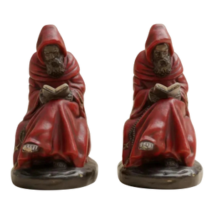 1920s Pair of Bookends: Red Friar Monks Reading, Solid Bronze Library Decor