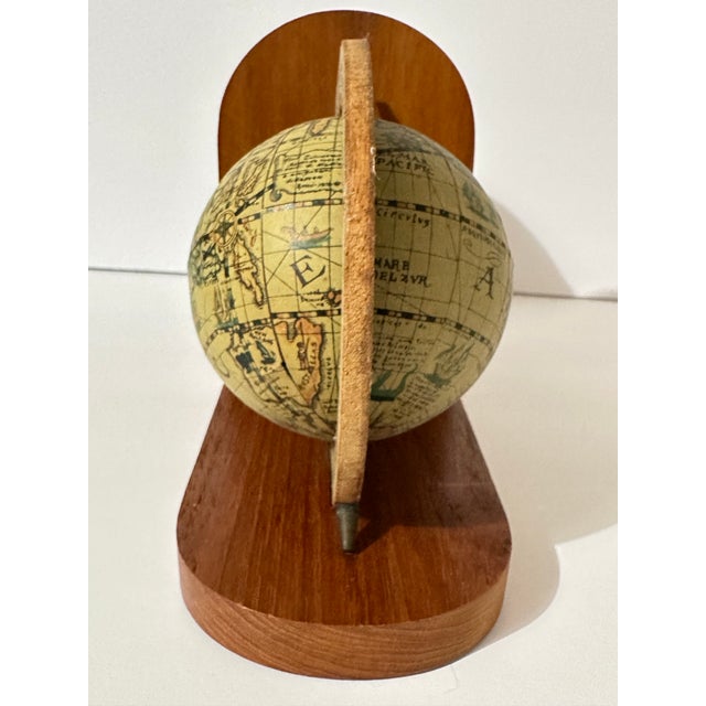 Vintage Mid 20th Century Wood and Paper Mache Old World Globe Book Ends- Pair of 2 For Sale - Image 4 of 12