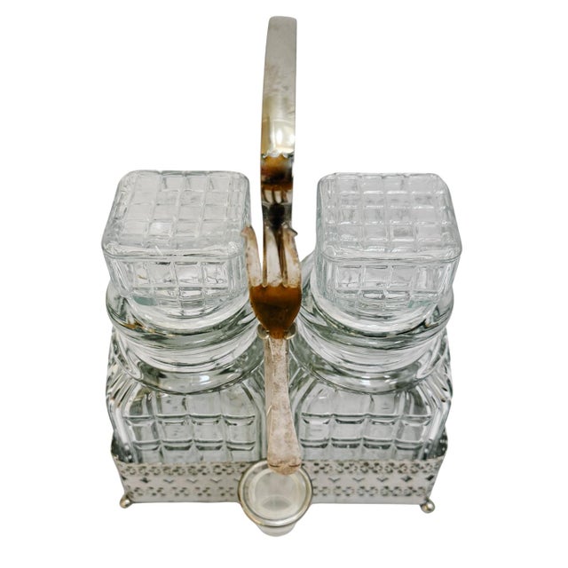 Late 19th Century Antique English Silver Plated & Cut Glass Pickle Jars Pair in Original Caddy With Fork For Sale - Image 5 of 11