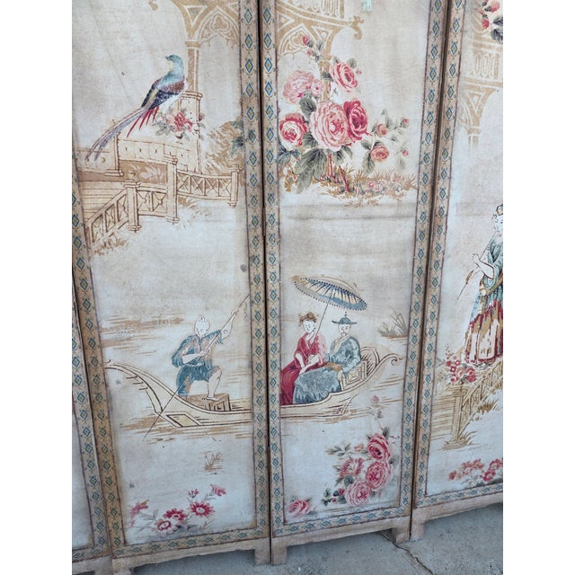 Vintage Four Panel French Chinoiserie Fabric Screen For Sale - Image 15 of 15