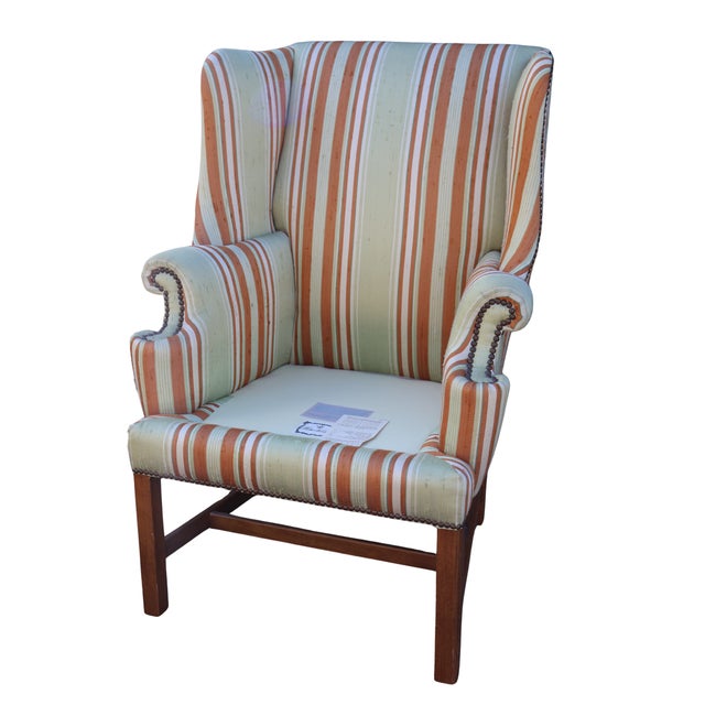 Vintage Baker Furniture Celadon & Rust Striped Wingback Chairs With Nailhead Trim — Pair For Sale - Image 13 of 18