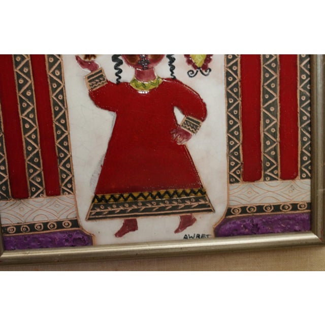 Awret Original Painted Ceramic Relief Tile Depicting Woman With Basket of Fruit, Signed and Framed For Sale - Image 12 of 17