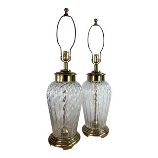 1990s Frederick Cooper Hand Blown Glass and Brass Table Lamps/a Pair For Sale