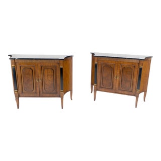 Regency Style Burl Walnut Scallop Banding Black Marble Top Cabinet Credenza - A Pair For Sale