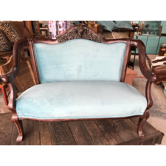 1940s Mahogany Cherub Carved Love Seat Mint Velvet Haute House Fabric For Sale - Image 9 of 9