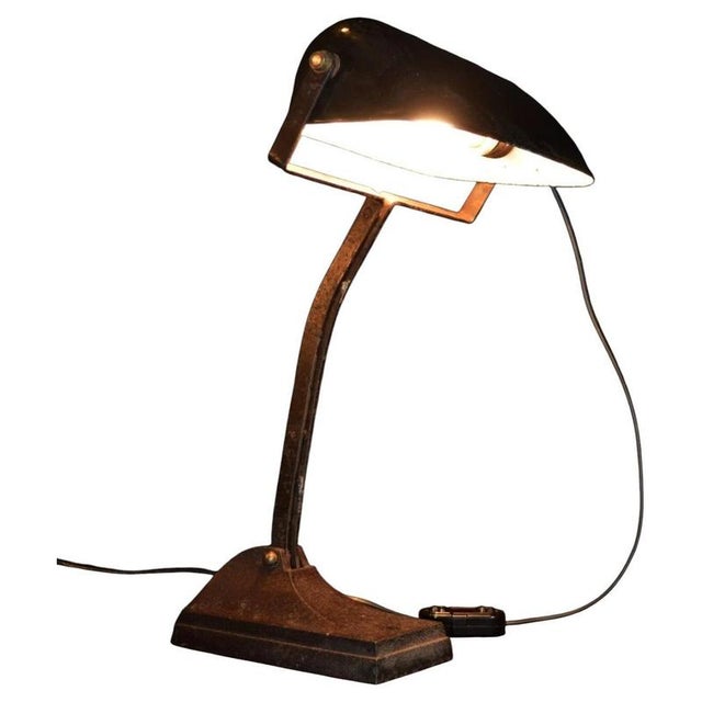 Industrial Bronze Articulated Desk Lamp with Enamel Trough Shade, 1930s For Sale - Image 13 of 13