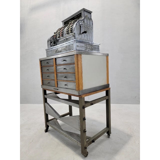 Industrial Antique National Cash Register on Custom Antique Industrial Standing Cash Drawer For Sale - Image 3 of 7