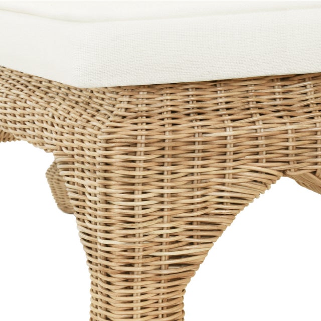 Worlds Away Matthew Izzo Home Massey Ming Style Rattan Bench With Ivory Linen Cushion For Sale - Image 4 of 5