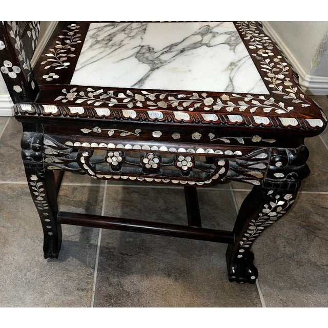 Vintage Chinese Rosewood Mother-of-Pearl Inlaid Dining Set – Rectangular Table + 6 Chairs With Marble Tops For Sale - Image 10 of 12