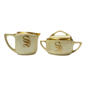1920s Rosenthal Serb Bavaria Donatello Porcelain Creamer and Sugar Bowl With Gold Trim and Monogram