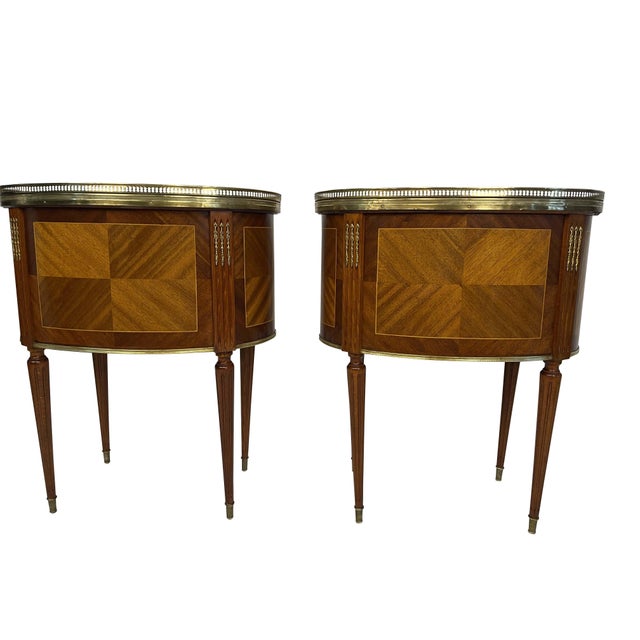 Burnt Umber 1930s Pair of Louis XVI Style End or Bedroom Side Tables With Marble and Brass Gallery Tops For Sale - Image 8 of 12