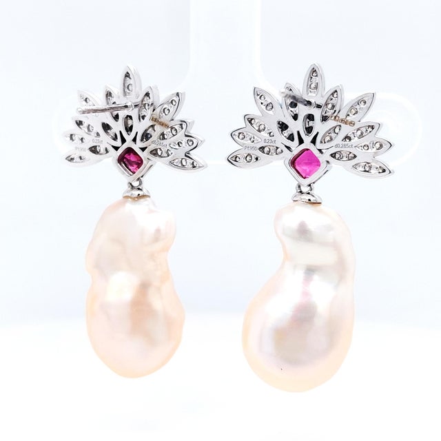 Diamond, Ruby and Baroque Pearl Platinum Drop Earrings - Fei Liu, Pair For Sale - Image 4 of 9
