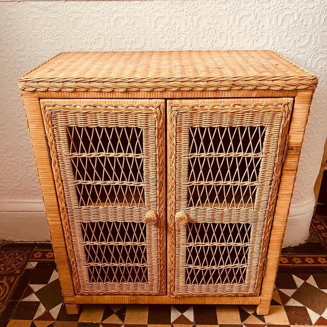 Vintage Wicker Shelved 2-Door Cupboard For Sale - Image 4 of 14